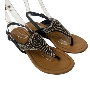 Nicole shoes Black Rhinestone T-Strap Wedge Sandals Buckle Slingback Size 7M